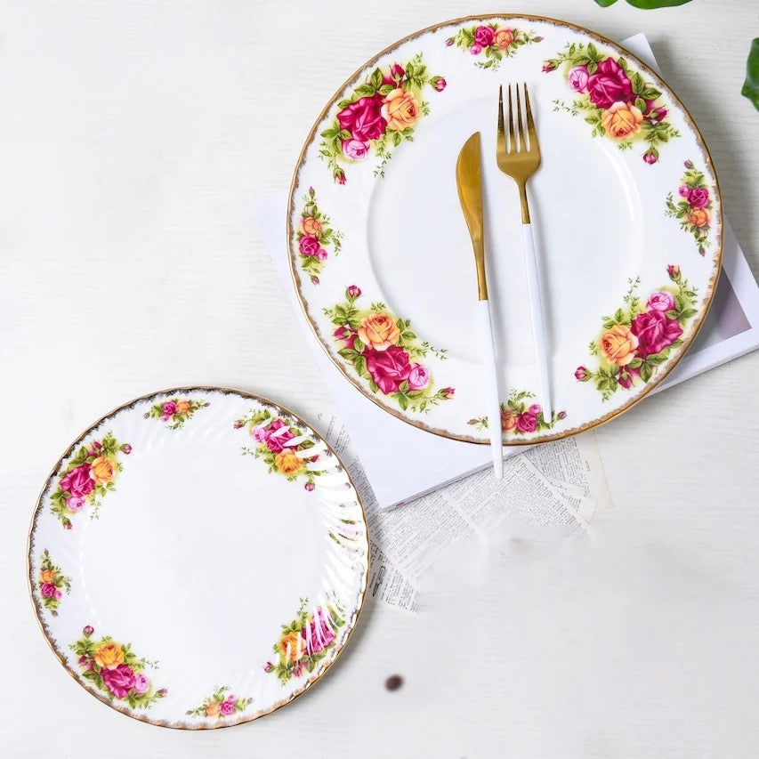 Emery 2pc Vintage rose pattern dinnerware set